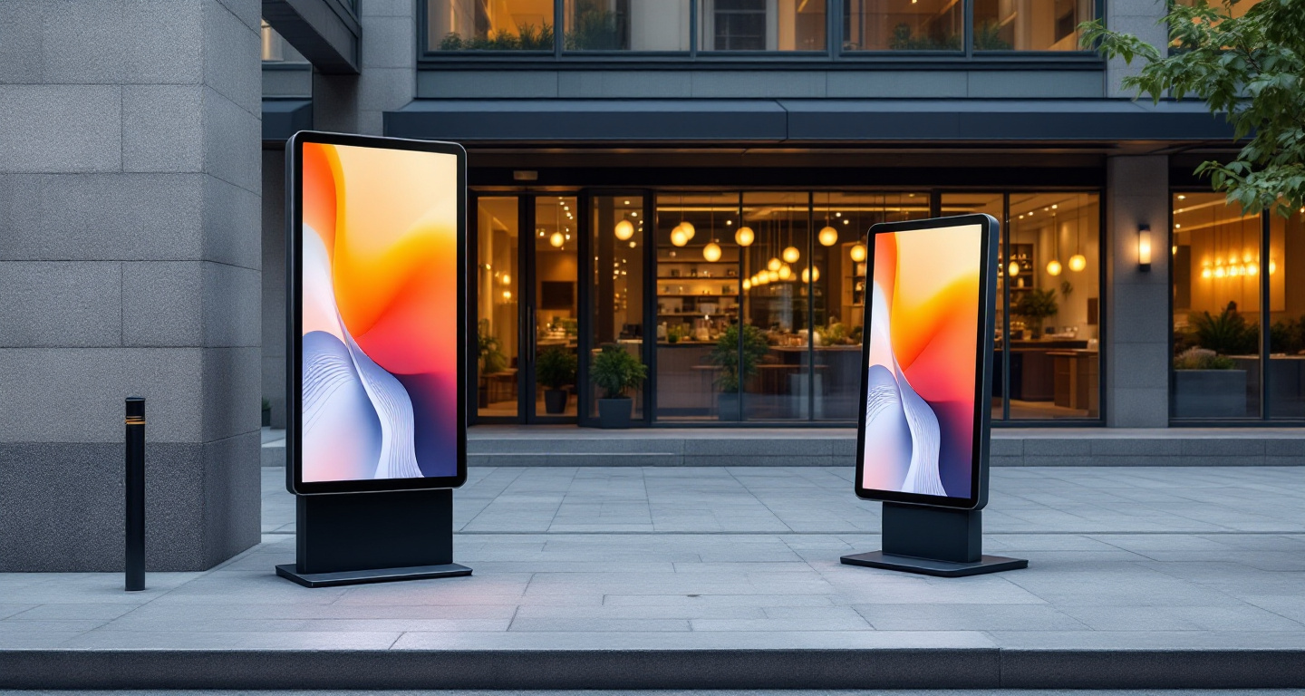 Two freestanding digital kiosk totems on a city sidewalk outside a cafe, screens showing abstract color gradients
